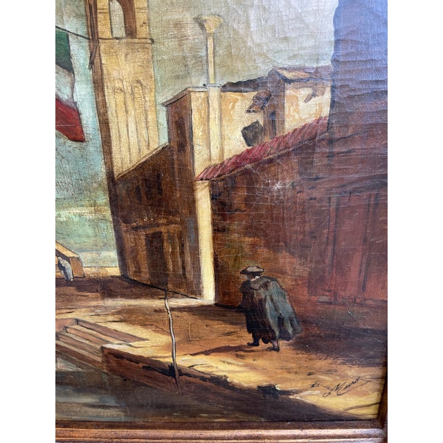Late 20th Century Late 20th Century Heavy Carved Wood Framed Oil Painting of Italian Architectural Scene For Sale - Image 5 of 11