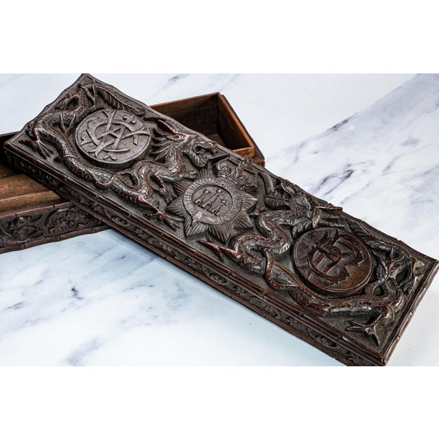 Victorian Hand-Carved Antique Wood Box Asian Chinese Dragon Motif Devonshire Militaria Regiment Crest For Sale - Image 15 of 18