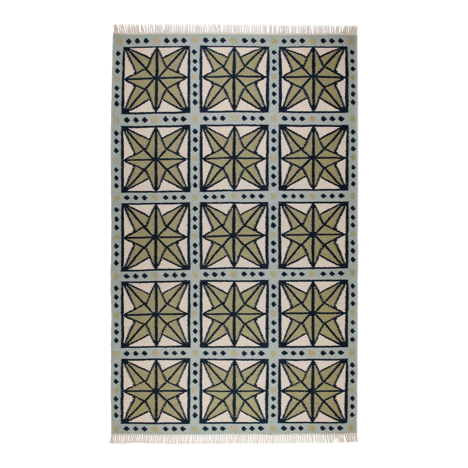 Part & Parcel Goods Wool Star Rug, 5' x 8', Sage, Navy, Sky Blue and ...