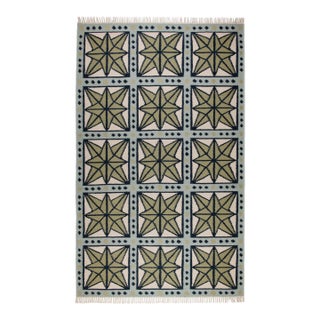 Part & Parcel Goods Wool Star Rug, 5' x 8', Sage, Navy, Sky Blue and Eggshell For Sale