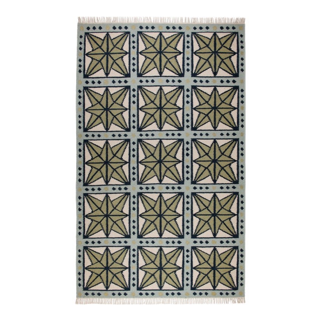 Part & Parcel Goods Wool Star Rug, 5' x 8', Sage, Navy, Sky Blue and Eggshell For Sale