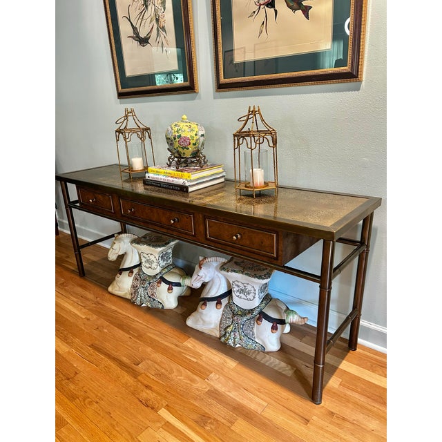 Mastercraft 1970’s Mastercraft Attributed Brass Clad Faux Bamboo and Burl Wood 3 Drawer Console Table For Sale - Image 4 of 13
