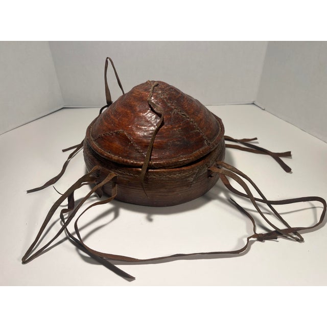 Antique Ethiopian Agelgil Woven Rattan & Leather Covered Basket Description: Offered is an authentic antique Ethiopian...