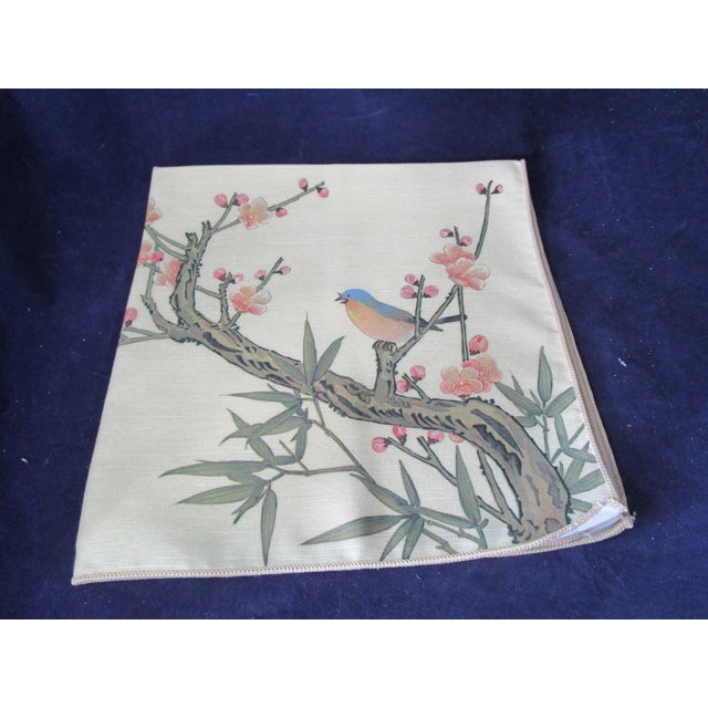 Tan Vintage Little Bluebird Among the Cherry Blossoms With Bamboo Accent Dinner Napkins- Set of 4 For Sale - Image 8 of 11