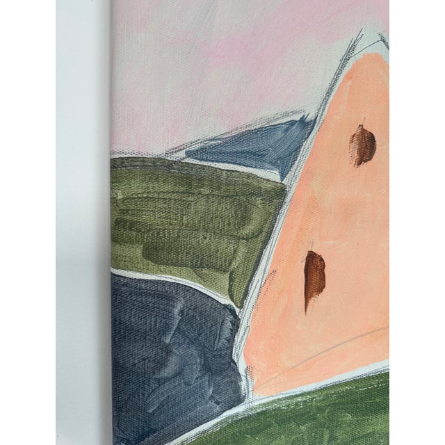 Abstract Landscape Painting, Pink and Green Modern Wall Art, Minimalist Nature Scenery Canvas, Large Geometric Countryside For Sale - Image 4 of 5