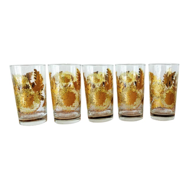 Mid Century Gold Floral Glasses Set of Five Zinnia Garden For Sale