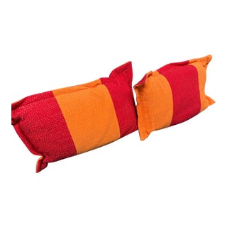 Marimekko Style Pillow Shams – Modern Red & Orange Striped Quilted Covers For Sale