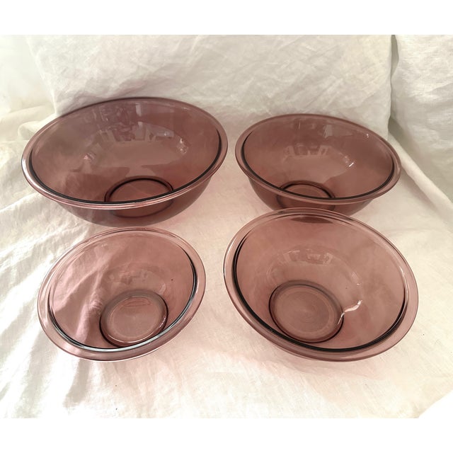 Vintage set of 4 Cranberry Pyrex Mixing Bowls, great for mixing or use for serving. large-11in bowl 9in, 8in and 7in all...