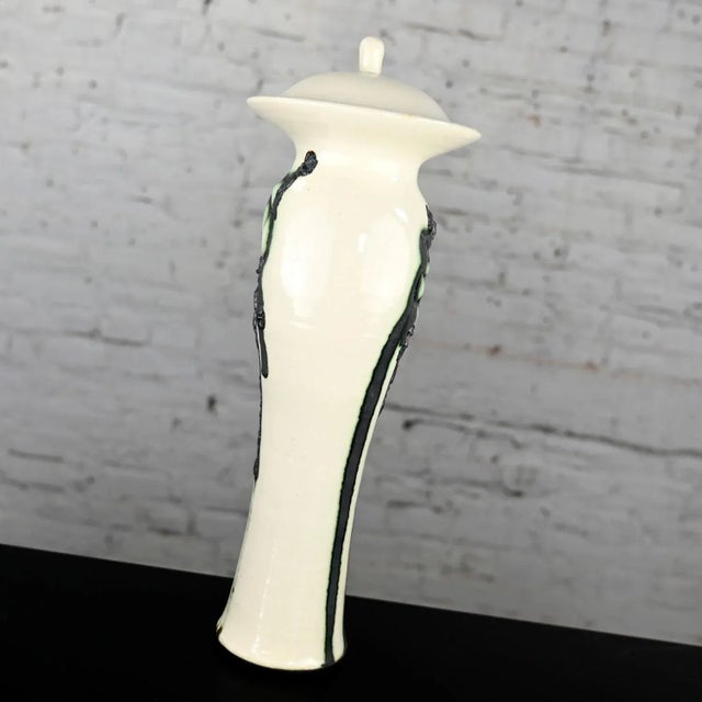 Modern Vintage White & Black W/Green Accent Ceramic Lidded Vessel Signed Pritchard Spring 75 For Sale - Image 3 of 13