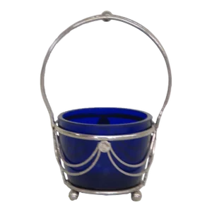 Cobalt Blue Glass Bowl Metal Basket Candy Dish Sugar Bowl Jam Jelly Server