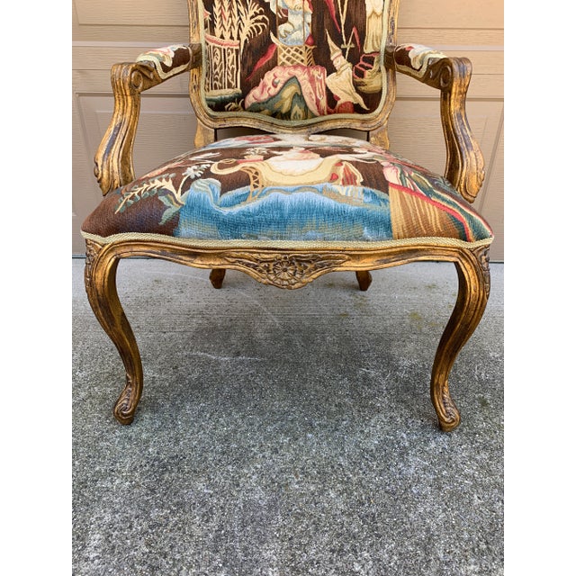 French Provincial Louis XV Giltwood Fauteuil With Chinoiserie Tapestry Upholstery For Sale - Image 9 of 12