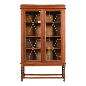 Stickley Brothers Style Antique Arts & Crafts Carved Oak Bookcase Cabinet With Leaded Glass Doors, Circa 1900