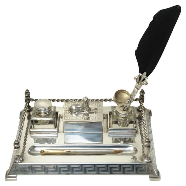 Art Deco Egyptian Revival Cut Glass Inkwells with Pen Tray, Set of 4 For Sale - Image 3 of 9