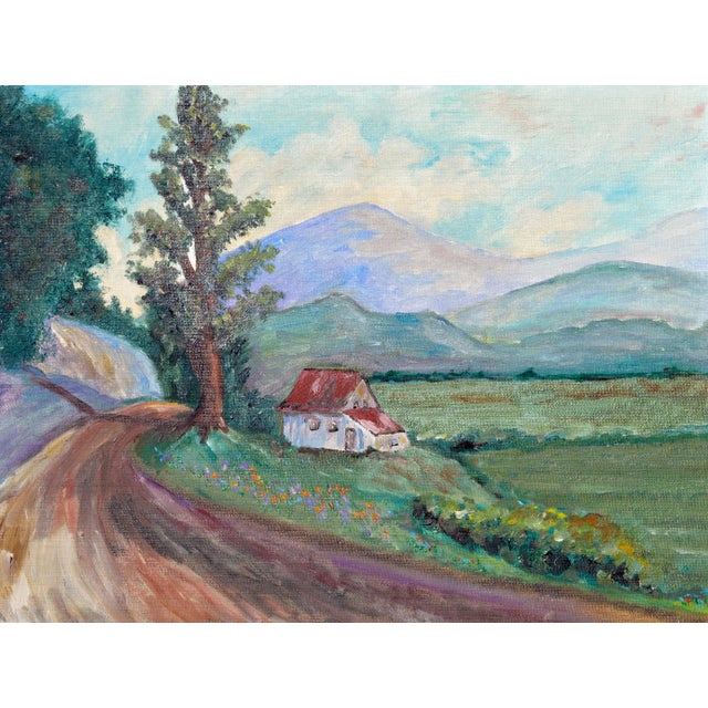 1960s Country Home in Spring, Mid Century Pastoral Landscape With Wildflowers For Sale - Image 5 of 5