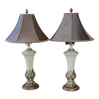 Mid-Century Modern Style Table Lamps With Fluted Base in Cream and Gold Leaf Accents, a Pair For Sale