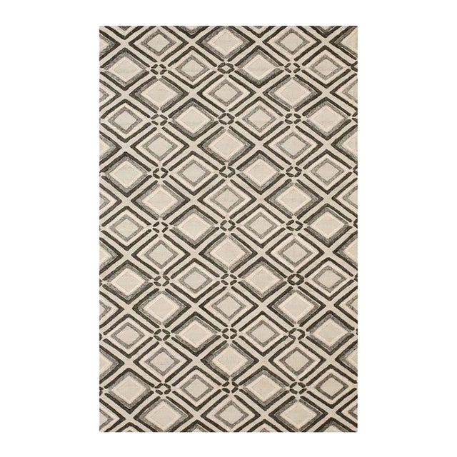 Gray Ivory Geometric Diamond Hand-Knotted Wool Rug 5x8 For Sale