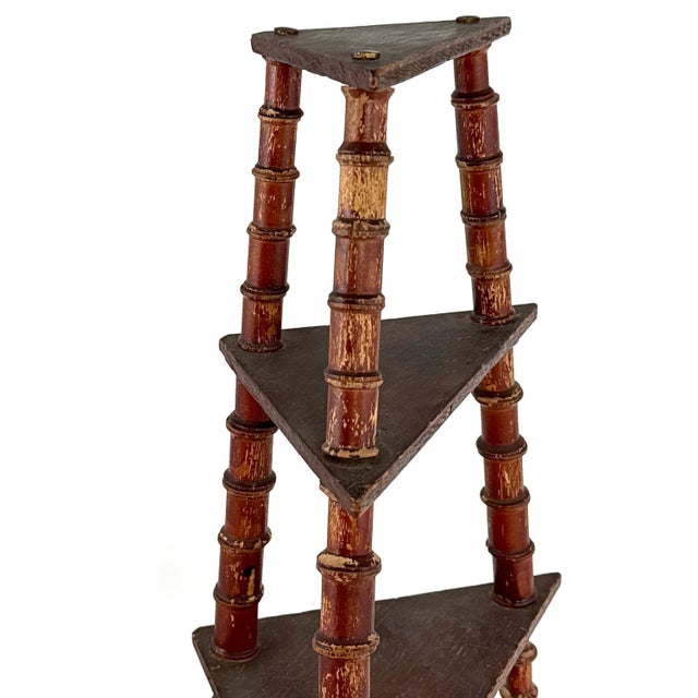 Antique 1920s 27" Tall Folk Art 4-Tier Wooden Spool Triangular Geometric Corner Shelf For Sale In Philadelphia - Image 6 of 17