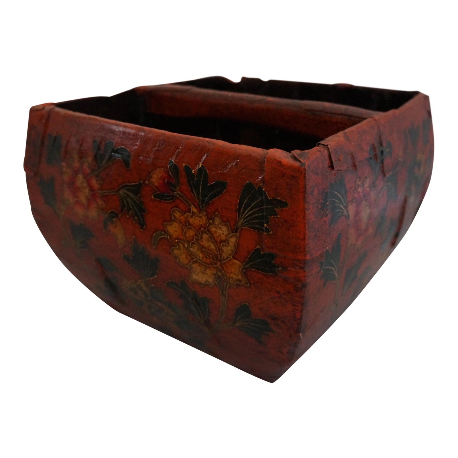 Chinese Painted Red Lacquer Grain Measure Container | Chairish