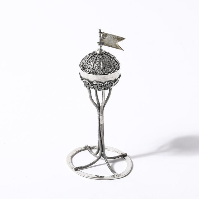 Silver Antique Silver Judaica Spice Container With Vermeil Flag For Sale - Image 8 of 14