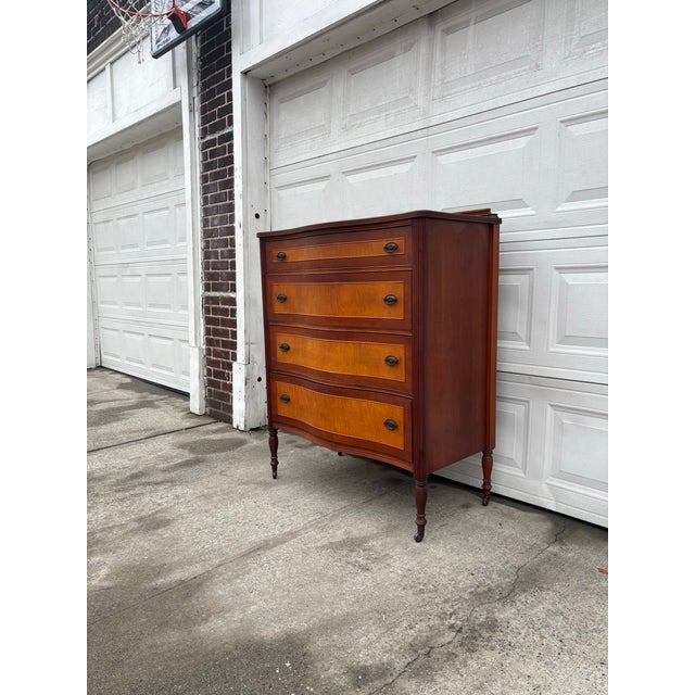 Antique Colonial Revival Serpentine Chest of Drawers, 1920s American Cherry & Maple Dresser, Vintage Curved Front Bedroom Furniture, Wood For Sale - Image 4 of 12