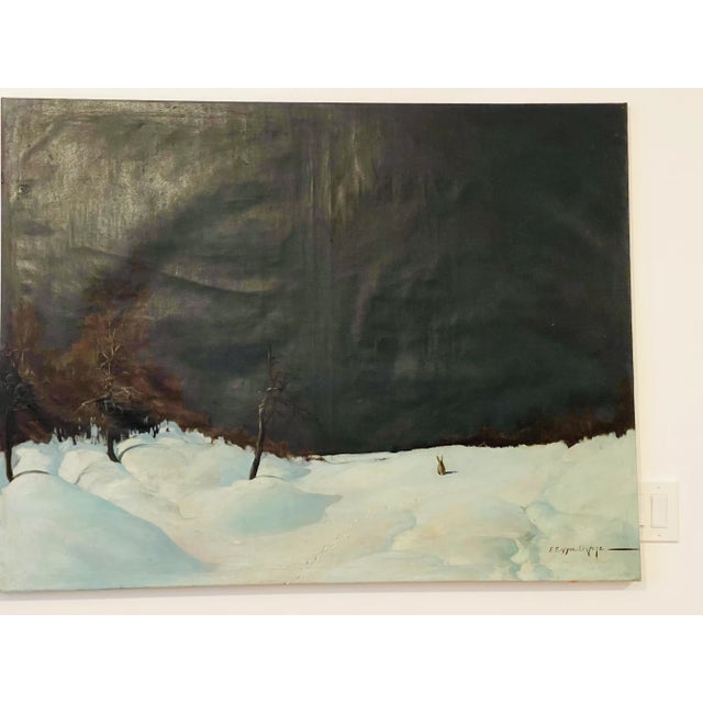 Textile Dark Academia Antique Winter Landscape With Rabbit Painting Oil on Canvas Fine Art For Sale - Image 7 of 8