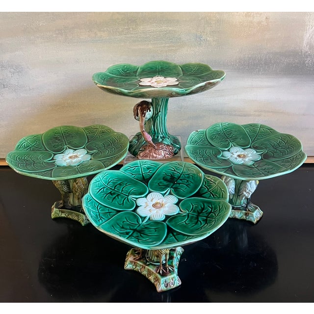 Antique English Majolica Pond Lily Compote With Stork , C. 1880's For Sale - Image 4 of 16