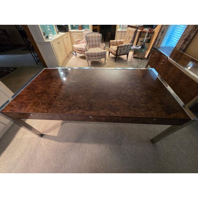1970s Rare Leon Rosen for Pace Collection Burl Wood & Chrome Executive Desk For Sale In Louisville - Image 6 of 11