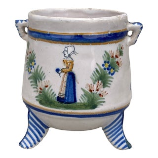 French Faience Handled Pot Henriot Quimper, Circa 1900 For Sale