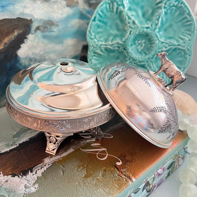 Silver Antique Victorian Quadruple Silverplate Butter Cooler With Cow Finial For Sale - Image 8 of 12