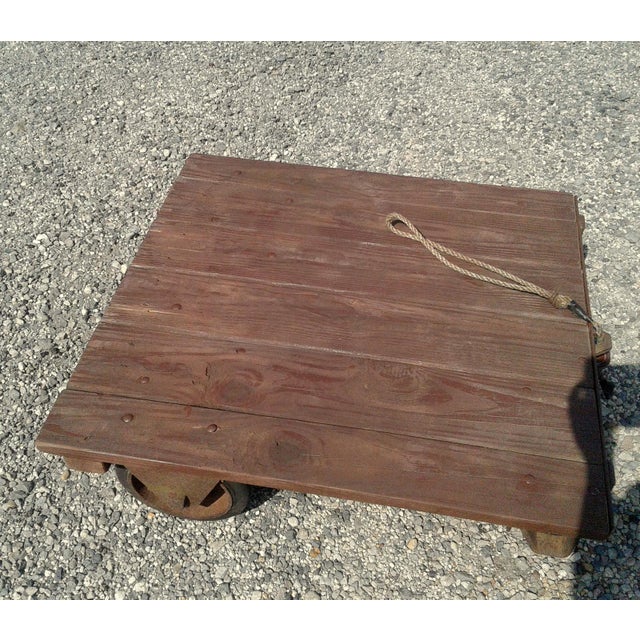 Wood Vintage Primitive Industrial Small Garden Cart Platform Table, Rustic Wood & Iron Coffee Table For Sale - Image 7 of 10