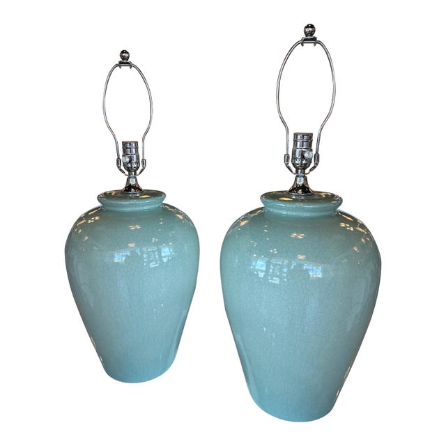 Vintage Pair Green Crackle Porcelain Ceramic Table Lamps Brass Newly Wired For Sale