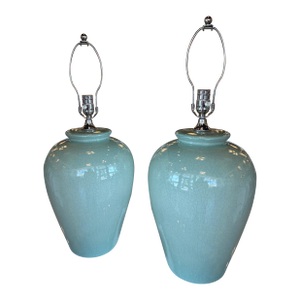 Vintage Pair Green Crackle Porcelain Ceramic Table Lamps Brass Newly Wired