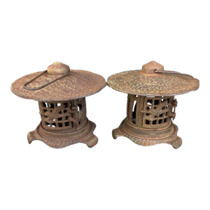 1940s Heavy Cast Iron Pagoda Hummingbird Lanterns - Set of 2