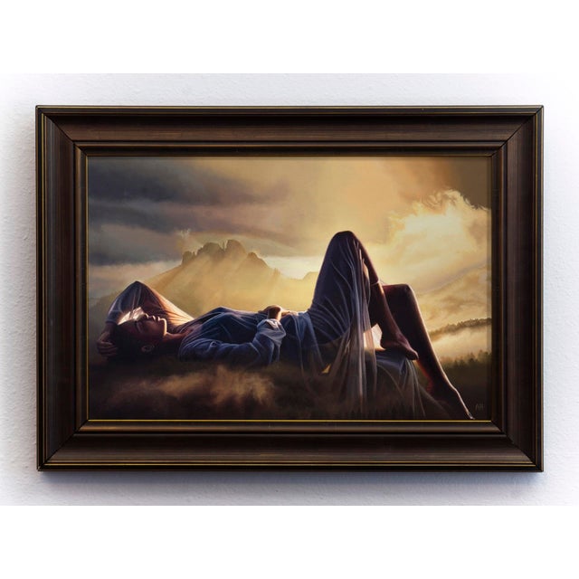 This oil painting depicts a serene figure reclining amidst a dramatic landscape, bathed in warm, golden light that breaks...