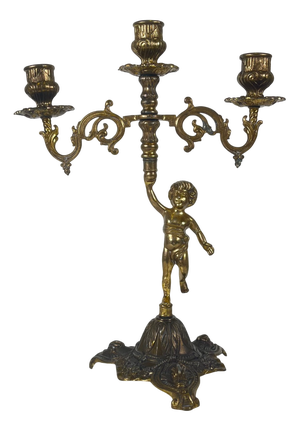 Antique Three-Arm Candleholder in Cast Brass, 1890s