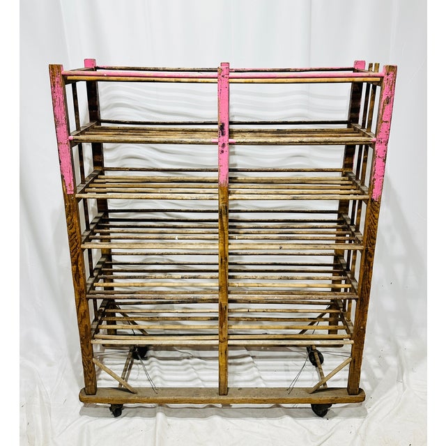 Fantastic Antique Rolling Bakers Rack, Rustic & Primitive in style, painted pink, Solid Wood on Caster Wheels. Original...