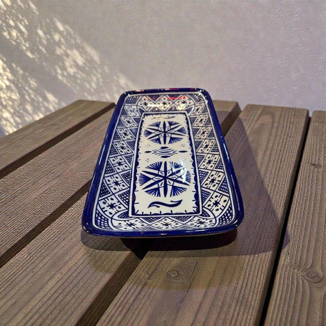 Handmade Moroccan Ceramic Serving Tray – Blue & White Hand-Painted Rectangular Plate, Safi Pottery, Boho Kitchen Decor, Rustic TablewareGift For Sale - Image 6 of 8