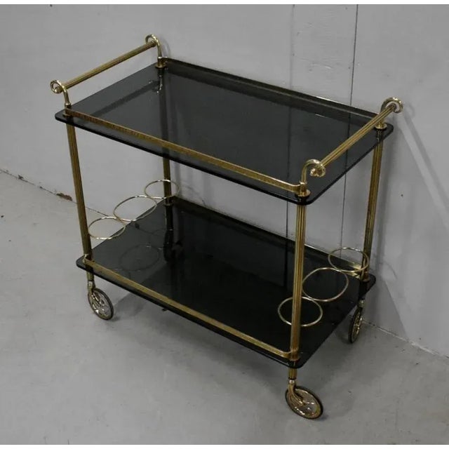 Rolling Brass & Smoked Glass Trolley, 1970s For Sale - Image 3 of 18