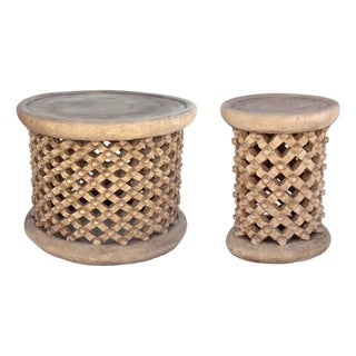 Handcrafted Bamileke Style Brown Coffee Tables – Set of 2 For Sale