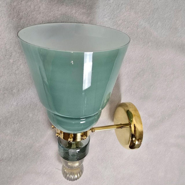 Metal 1990s Pair of Acqua Green Murano Glass Sconces For Sale - Image 7 of 12