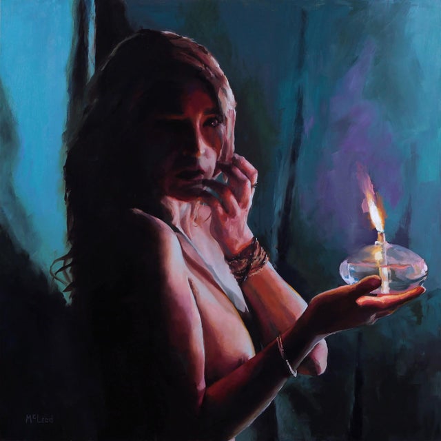Illuminated by John McLeod | Oil on aluminum of a woman holding a candle in dim light For Sale