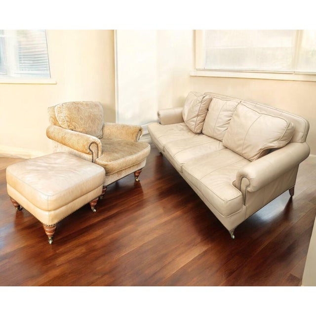 Traditional Timeless Elegance of a Liz Claiborne Leather Sofa With the Charm of a Lillian August Armchair and Ottoman. For Sale - Image 3 of 12