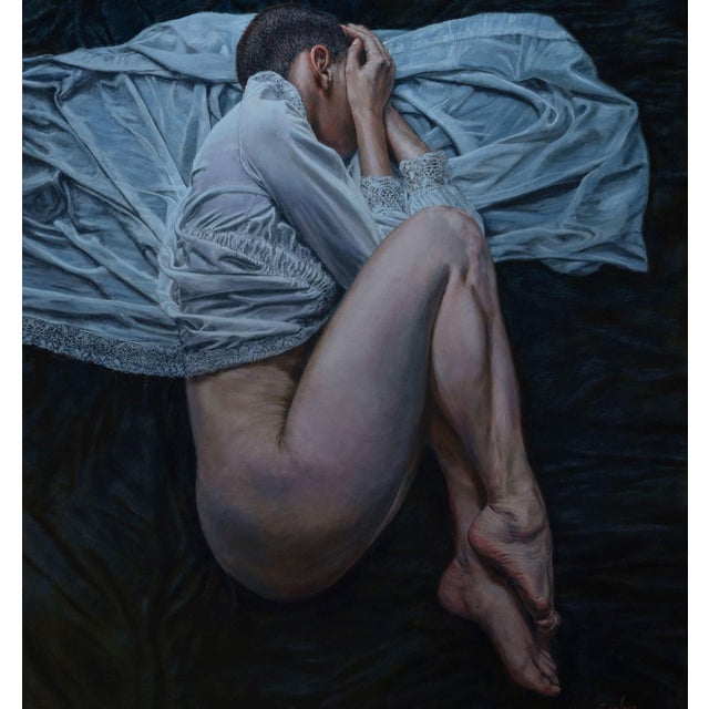 Early 21st Century See No Evil by Dave Seeley | Oil on canvas on panel Depiction of a figure curled up in a white cloth. For Sale - Image 5 of 5