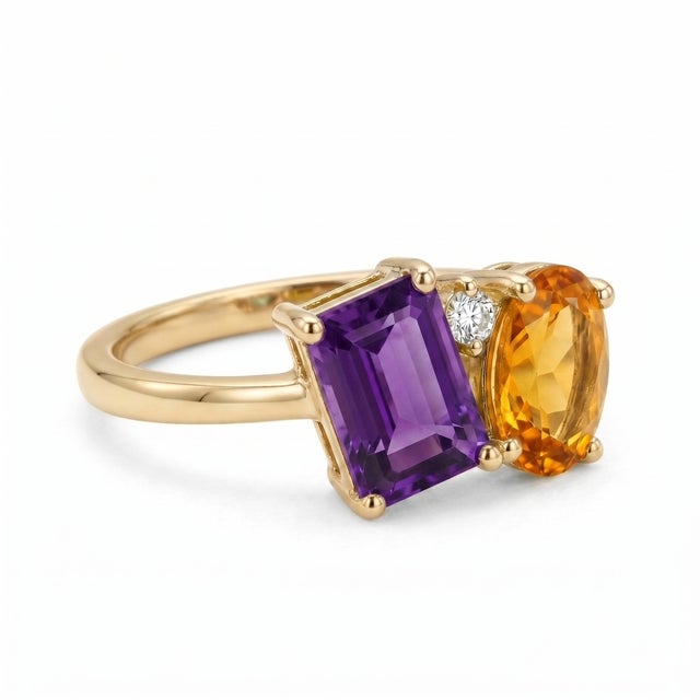 Contemporary Amethyst & Citrine Toi Et Moi Ring | 18k Gold Plated Emerald Cut & Oval Gemstone Ring | Two Stone Cluster Ring Us 7 For Sale - Image 3 of 3