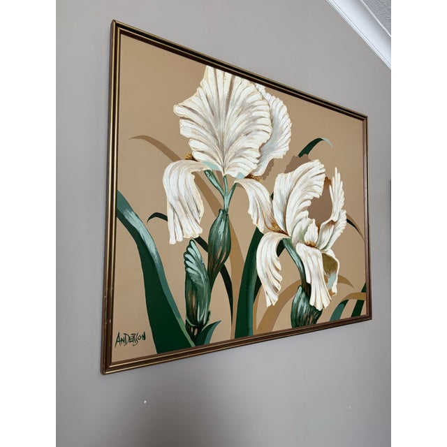 Beautiful and huge mid century floral painting by artist "Anderson" (signed in the bottom left) with minimalist wood and...
