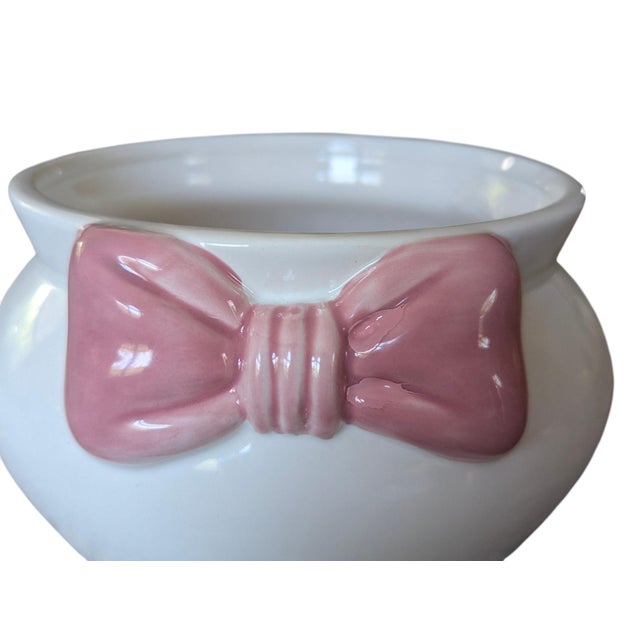 Grandmillenial White Ceramic Fishbowl Planter With Pink Bow For Sale - Image 10 of 14
