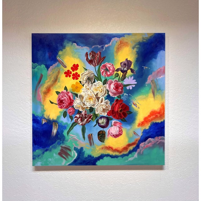 This artwork presents a vibrant bouquet of flowers, seemingly suspended within a swirling backdrop of chromatic clouds....