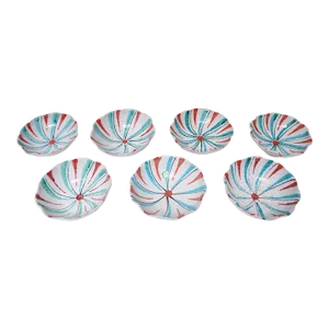 Set of Seven Mid-Century Italian Modern Teal and Red "Swirl" Ceramic Bowls