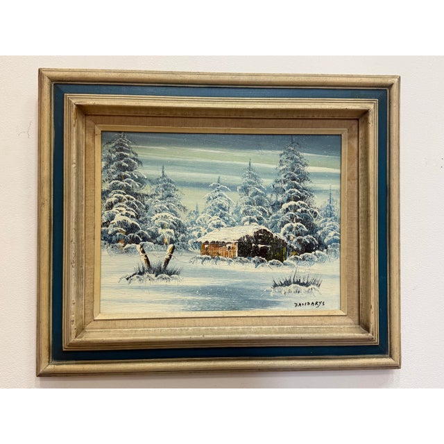 Blue 50's Vintage Winter Landscape Oil on Canvas For Sale - Image 8 of 8