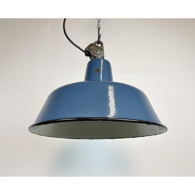 Industrial Blue Enamel Factory Lamp with Cast Iron Top, 1960s For Sale - Image 6 of 14